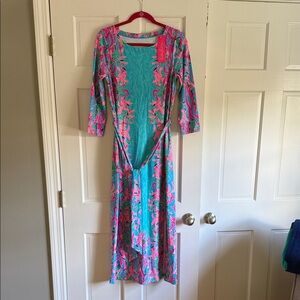 Lilly Pulitzer Turquoise & Pink Floral Midi Dress